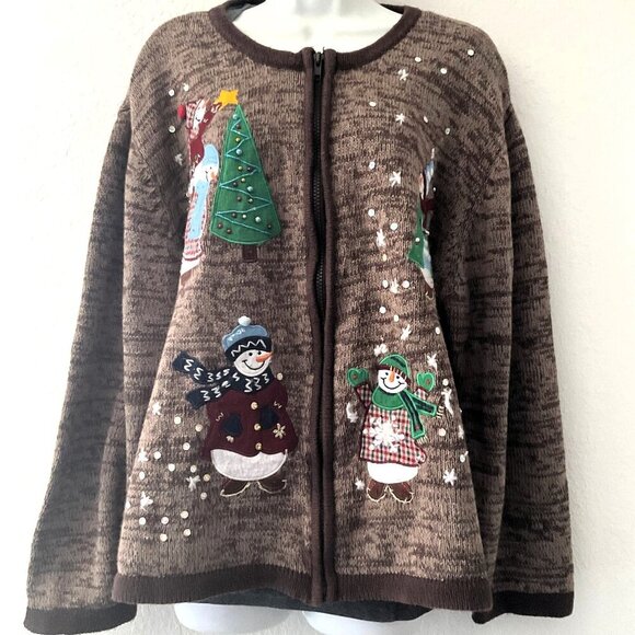 VINTAGE SNOWMAN CHRISTMAS JACKET BROWN PLUS 2X - Picture 2 of 12